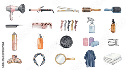 Hair styling and salon icon set with hair dryer, curling iron, comb, spray bottle, mirror, cosmetics, towel and beauty care accessories