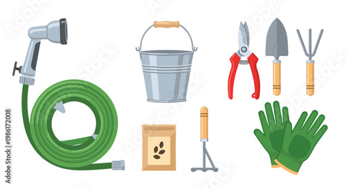A meticulous collection of essential gardening equipment featuring a coiled green hose and metal bucket rests against a clean white background with soft shadows.