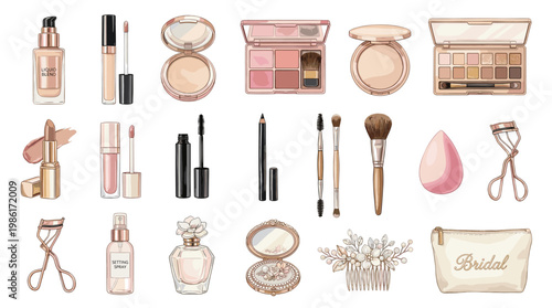 Beauty and makeup icon set with foundation, lipstick, mascara, powder, eye shadow, brushes, sponge, perfume and bridal cosmetic accessories