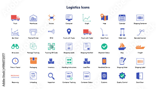 Collection of forty logistics and supply chain icons arranged in grid on white background