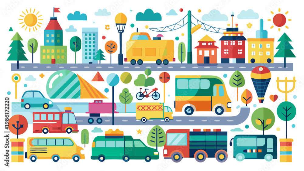 Naklejka premium Colorful collection of vehicles and transportation elements arranged on white background