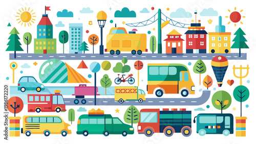 Colorful collection of vehicles and transportation elements arranged on white background