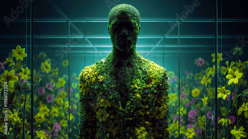 Human Figure Wearing a Full Suit Made of Green Leaves and Yellow Flowers Standing Centrally Inside a Greenhouse Setting