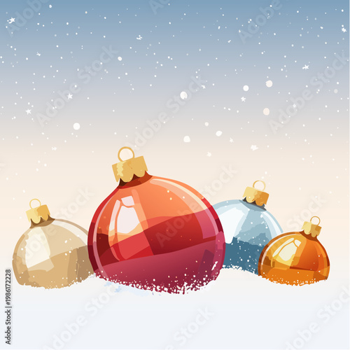 Festliche Ornamente und funkelnde Lichter liegen sanft im frischen Schnee 