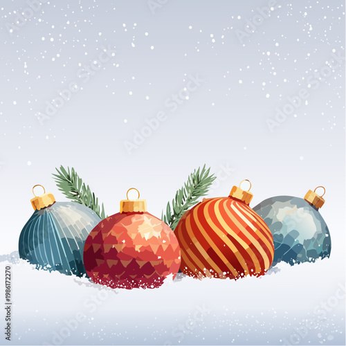 Festliche Ornamente und funkelnde Lichter liegen sanft im frischen Schnee 