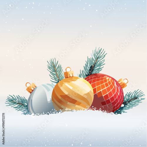 Festliche Ornamente und funkelnde Lichter liegen sanft im frischen Schnee 