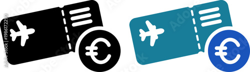 ユーロマーク付き航空券アイコン｜海外旅行の料金・外貨決済・ヨーロッパ通貨対応UI素材（Flight Ticket Price Icon with Euro Symbol for International Travel Payment Concept）
