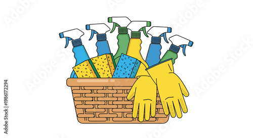 A wide wicker basket is filled to the brim with various colorful cleaning spray bottles and yellow protective gloves against a stark white background space.