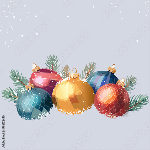 Festliche Ornamente und funkelnde Lichter liegen sanft im frischen Schnee 