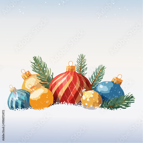 Festliche Ornamente und funkelnde Lichter liegen sanft im frischen Schnee 