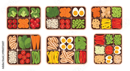 A collection of six healthy bento boxes filled with vibrant vegetables and lean proteins like grilled chicken and boiled eggs rests on a white background.
