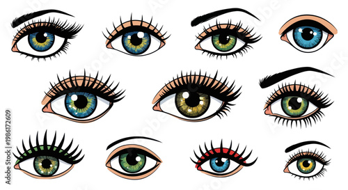Collection of diverse and beautiful eyes with vibrant irises and long lashes.