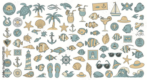 Seamless pattern of summer beach and sea life elements