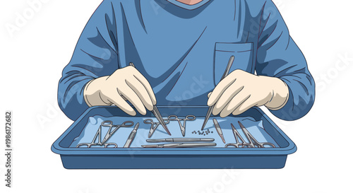 Surgeon preparing surgical instruments in a tray.
