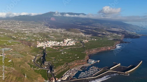 Banana Plantations and Caldera de Taburiente at Sunset in Tazacorte; La Palma Canary Islands Coastal Agriculture Aerial View; Tropical Farming and Volcanic Landscape