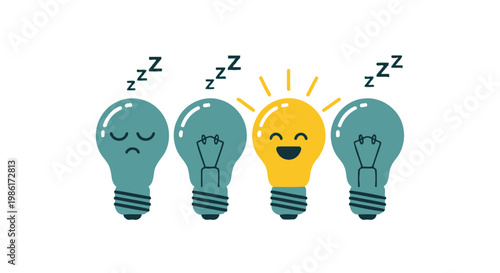 Creative bright idea glowing among sleeping light bulbs as a symbol of innovation