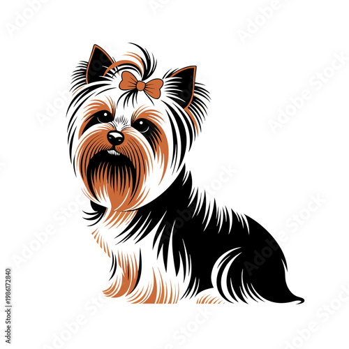 Yorkshire Terrier dog illustration. Stylized Yorkie pet with a bow. Vector graphic isolated on transparent background