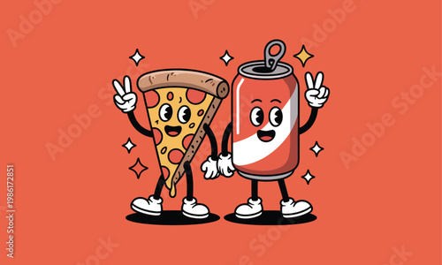 Playful pizza and soda duo a vibrant illustration of fast food friends enjoying life together