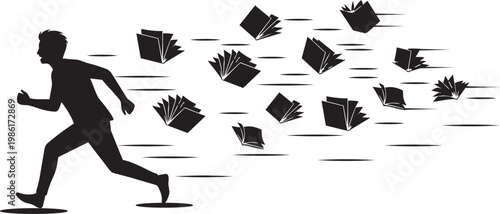 Scared Boy Afraid of Reading Book Silhouette Illustration