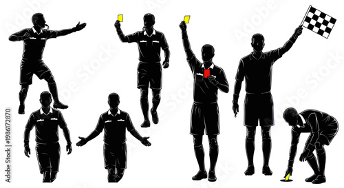 Soccer referee silhouettes showing penalty cards and officiating signals on white background.