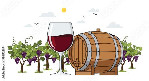 A full glass of deep red wine rests before a horizontal aging barrel situated within a lush green vineyard under a bright yellow sun with flying birds.