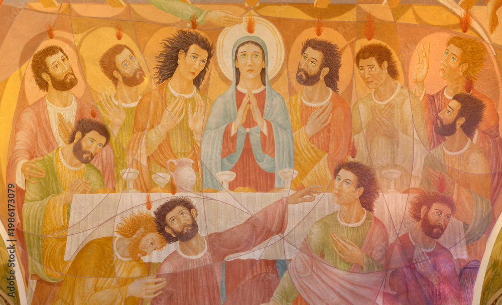 Fototapeta premium CREMA, ITALY - MARCH 20, 2026: The detail of ceiling fresco in sacristy (Pentecost) of the church Santuario di Santa Maria della Croce by Rosario Follini (1998).