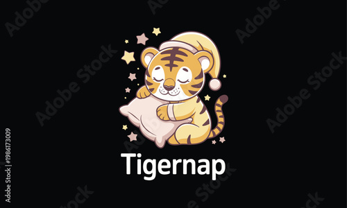 A charming illustration of a baby tiger wearing a nightcap and clutching a pink blanket peacefully sleeping