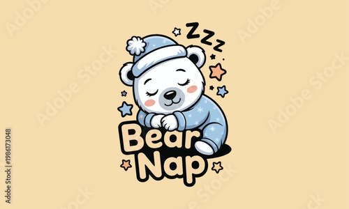 Charming cartoon illustration of a sleeping polar bear cub with 'bear nap' text