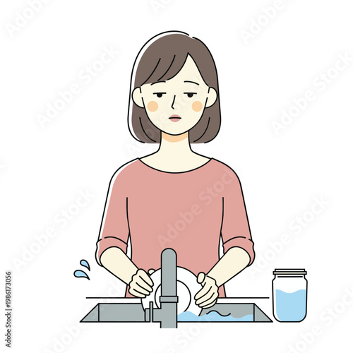 A woman with a tired expression is washing dishes in a sink. She is wearing a pink shirt and has short brown hair. A jar of water is next to the sink.
