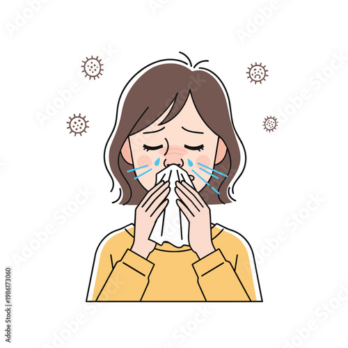 Illustration of a woman with a runny nose, holding a tissue, surrounded by virus particles, indicating illness or allergies.