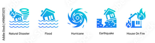 Disaster events icon set with natural hazards and emergency situations.Ideal for crisis management and environmental risk designs.