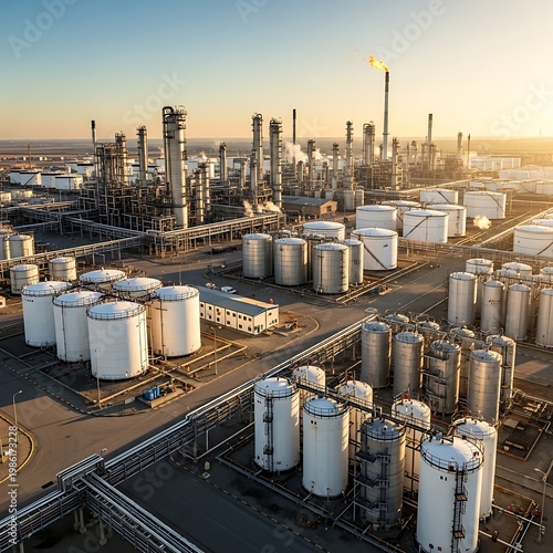 Industrial refinery plant at sunrise.
