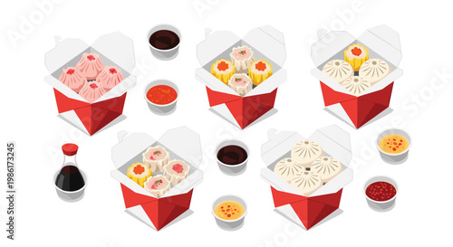 A collection of open red takeout containers showcases various steamed dim sum delicacies served with small bowls of soy and spicy chili sauces on white.