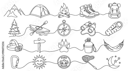 Camping adventure icon set with tent, mountains, campfire, boots, compass, binoculars, flashlight, backpack and outdoor travel gear in hand drawn outline style