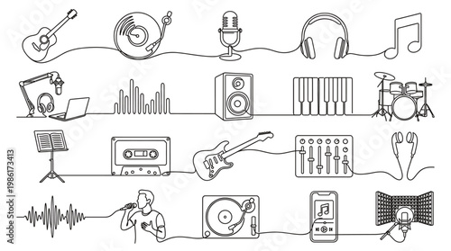 Hand drawn music and audio icon set with guitar, microphone, headphones, speakers, drum kit, cassette, notes and recording studio equipment