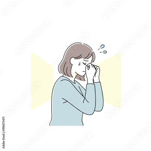 A woman with short brown hair is depicted wiping away tears, showing signs of sadness and despair. She is wearing a light blue sweater.