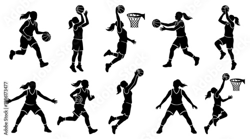 10 Woman Playing Basketball Silhouette Vector Pack – Female Sport & Athletic SVG Collection