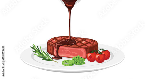 Rich dark savory gravy pours smoothly onto a succulent grilled steak served with fresh rosemary sprigs and bright red cherry tomatoes on a white plate.