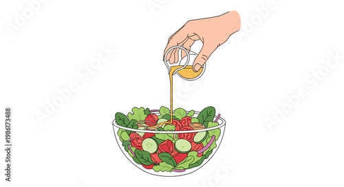 A meticulous hand pours golden balsamic dressing from a glass pitcher onto a vibrant bowl of fresh garden salad containing tomatoes and cucumbers on white.