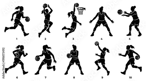 10 Woman Playing Basketball Silhouette Vector Pack – Female Sport & Athletic SVG Collection