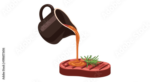 An elegant dark ceramic pitcher pours a steady stream of golden brown peppercorn sauce onto a single grilled beef steak garnished with a rosemary sprig on white.