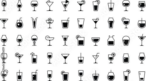 Black and white line of various kitchen utensils and appliances