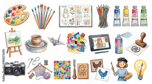 Colorful art and craft icon set with palette, brushes, sketchbook, pencils, paint tubes, camera, tablet, spray can, easel and creative studio tools