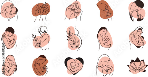 Abstract minimalist pregnant mothers and babies illustrations in warm earthy tones single line art celebration of motherhood and family life.