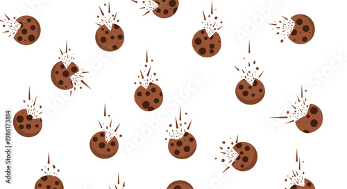 A dynamic pattern showcases multiple chocolate chip cookies exploding into small shards and crumbs against a stark white background creating a sense of motion.