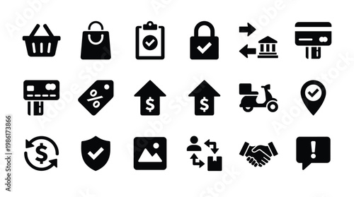 Collection of black ecommerce icons on for business and finance