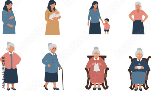 Aged woman character life cycle stages from pregnancy to grandmother sitting in rocking chair knitting and drinking tea.