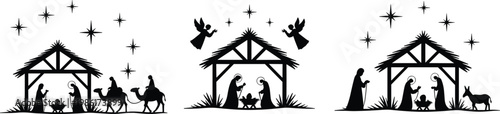 Black and white of three christmas nativity scenes with stars and shepherds manger baby jesus mary