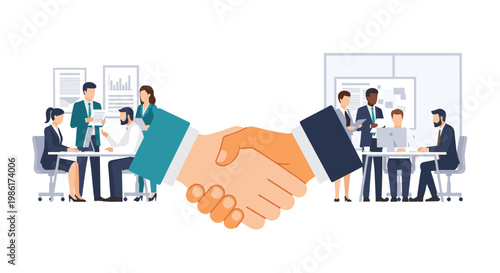 Two professional business teams engage in collaborative work within a bright modern office space while a large symbolic handshake dominates the foreground area.