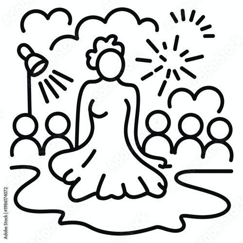Black and white line art vector icon of a woman on stage under a spotlight with an audience